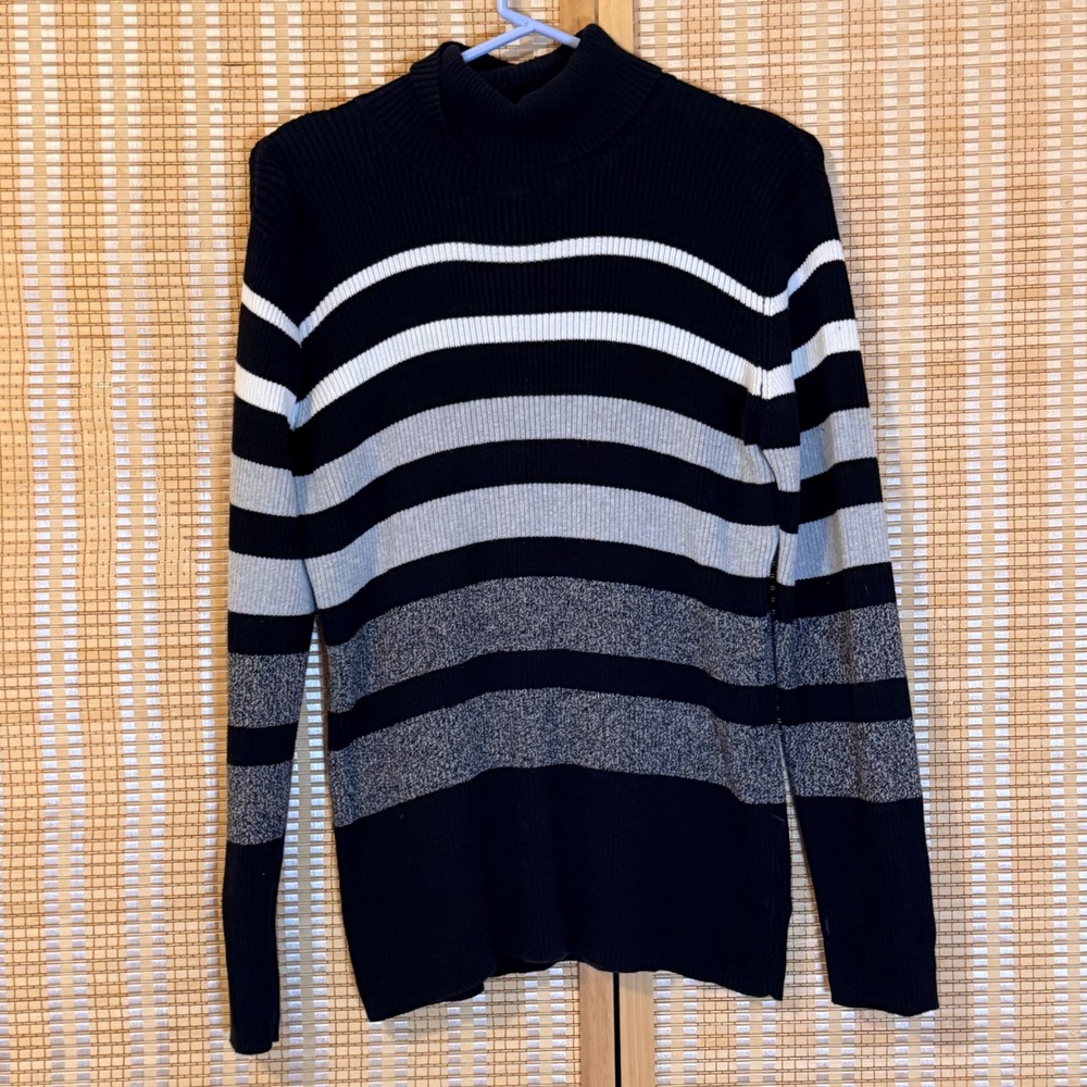 Liz Claiborne Womens XL Black White Grey Striped Ribbed Turtleneck Sweater Prep